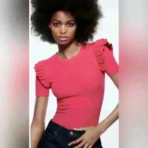 Zara Ruffle Sleeve Hot Pink Bodysuit Barbie Barbiecore size S Crew neck - Picture 2 of 11